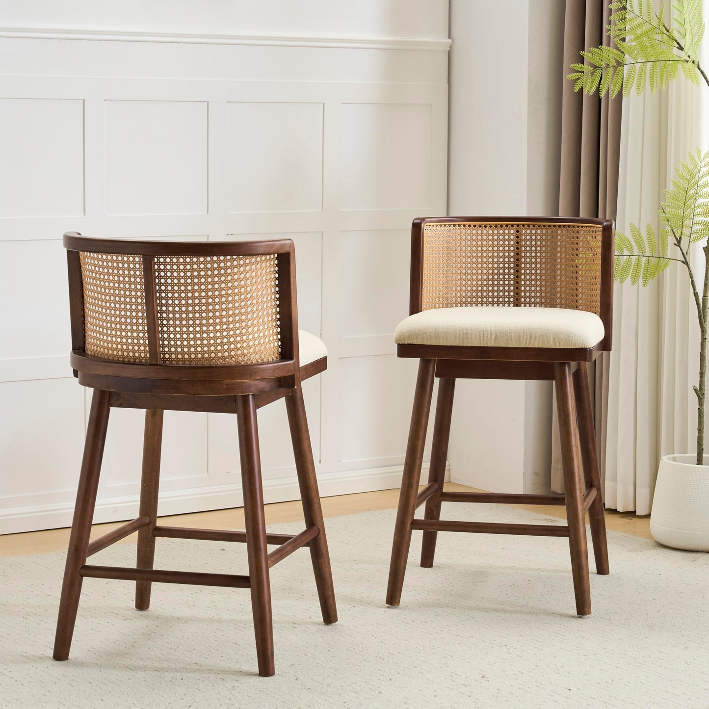 Christopher Knight Home Aphe Counter Height Bar Stools Set of 2, Fabric Upholstered Bar Stool for Kitchen Island, Rubberwood Counter Stools with Woven Rattan Backrest, Beige + Dark Walnut