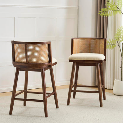 Christopher Knight Home Aphe Counter Height Bar Stools Set of 2, Fabric Upholstered Bar Stool for Kitchen Island, Rubberwood Counter Stools with Woven Rattan Backrest, Beige + Dark Walnut