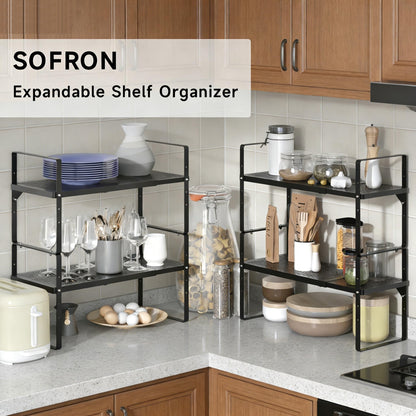 SOFRON Expandable Cabinet Organizer Shelf - Adjustable Width (16.5”-27.1”), Stackable, Heavy Duty 80 lbs, for Kitchen Pantry, Countertop, Office, Spice Rack - Black, Small Size, 1 Pack