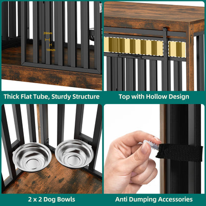 71 Inch Double Dog Crate Furniture for 2 Dogs, Heavy Duty Wooden Dog Crate TV Stand with 4 Dog Bowls, Dog Kennel Indoor Furniture Sliding Barn Door Design for Extra Large Dogs, Rustic Brown