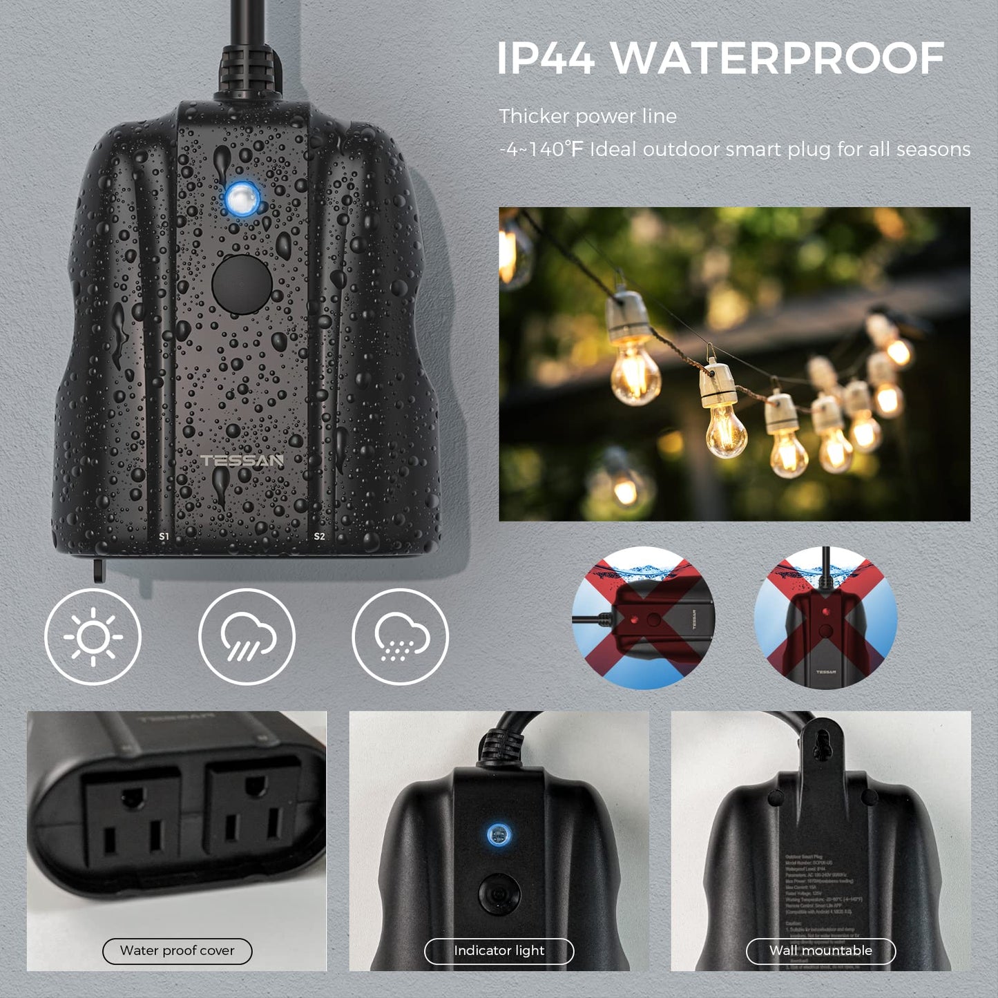 Outdoor Smart Plug Waterproof, TESSAN WiFi Smart Outlet Switch with 3 Individual Sockets Compatible with Alexa Google Home, Remote Control and Timer Function, 2.4GHz Wi-Fi Only