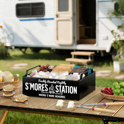 Farmhouse Smores Station, Wooden Smores Caddy with Handles, S'Mores Bar Holder with 5Pcs Extendable Smores Sticks, Smores Maker Box for Smores Kit, Outdoor Fire Pit Camping Essentials Cooking (Black)