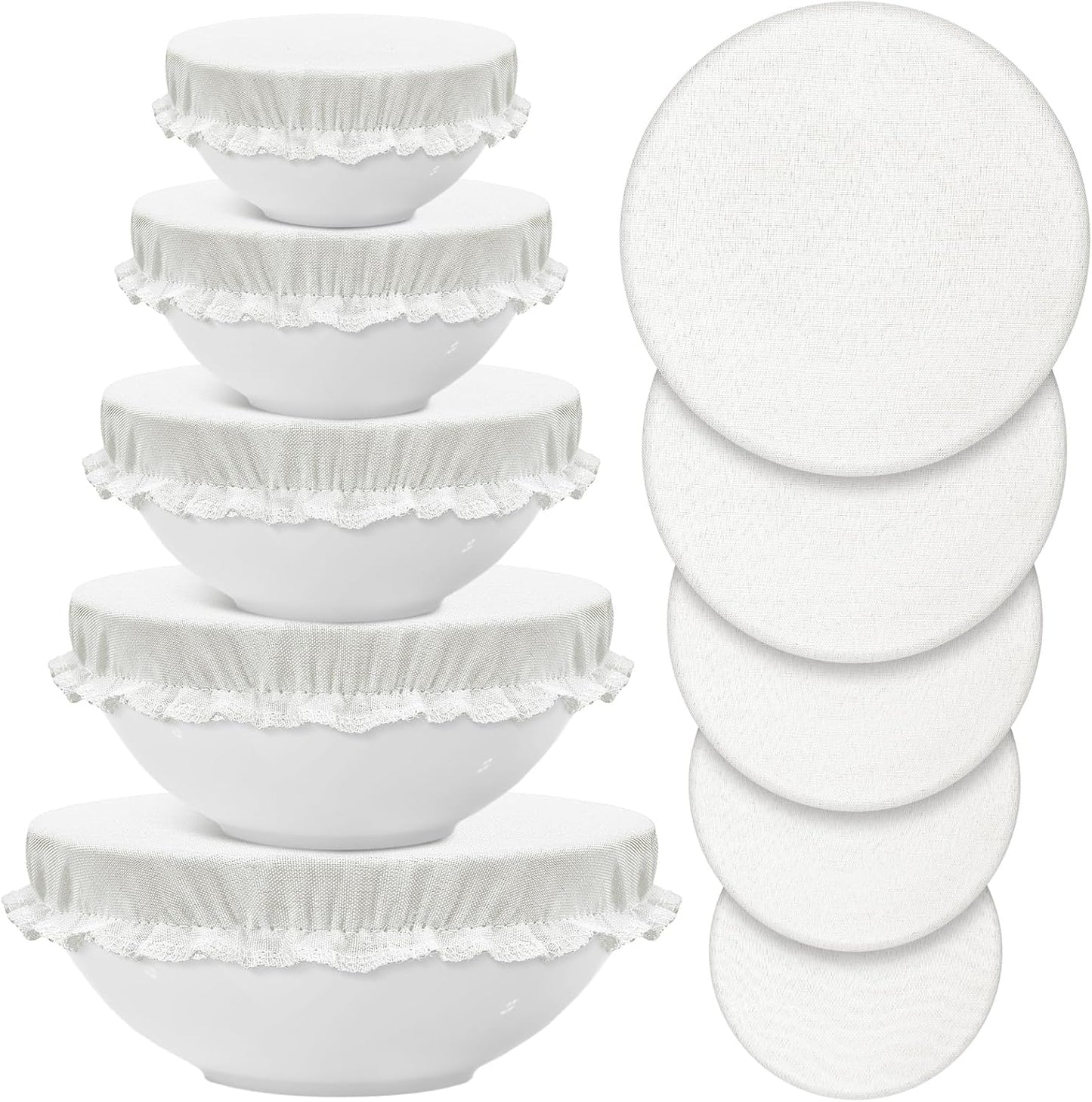 Patelai 10 Pieces Reusable Bowl Covers in 5 Sizes, Stretch Cloth Fabric Elastic Food Storage Covers in Ivory