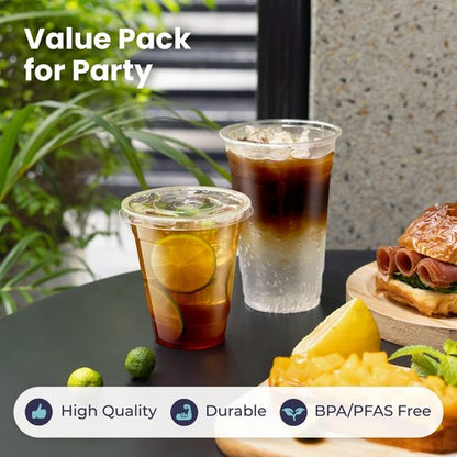Fit Meal Prep 100 Pack 32 oz Clear Plastic Cups with Flat Lids, Disposable Iced Coffee Cups, BPA Free Premium Crystal Smoothie Cup for Party, Lemonade Stand, Cold Drinks, Juice, Milkshake