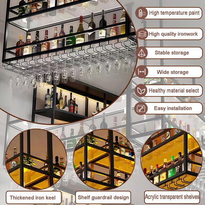 47.2IN Ceiling Wine Glass Rack with light, Acrylic Hanging Wine Rack with Glass Holder and Transparent Shelves, Wine Bottle Holder Goblet Stemware Racks Modern Home Bar Coffee Decor Rack(120CM)