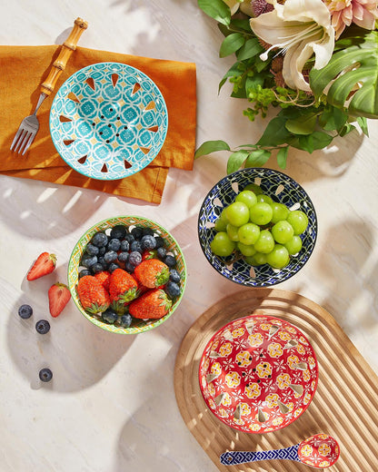 Metahom Ceramic Berry Basket, 6" Colorful Fruit Bowl, Round Berry Colander, Cute Small Container for Strawberry, Fruit Basket for Kitchen Counter, Set of 4