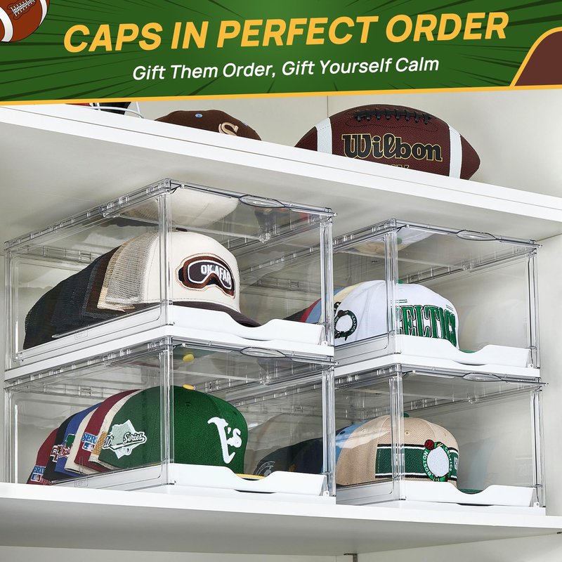 Vtopmart 2 Pack Hat Organizer for Baseball Caps, Clear Hats Holder Box with Drawer, Large Cap Storage with Sliding Tray, Stackable Rack Display Case with Magnetic Door, Each Holds 12 Hats