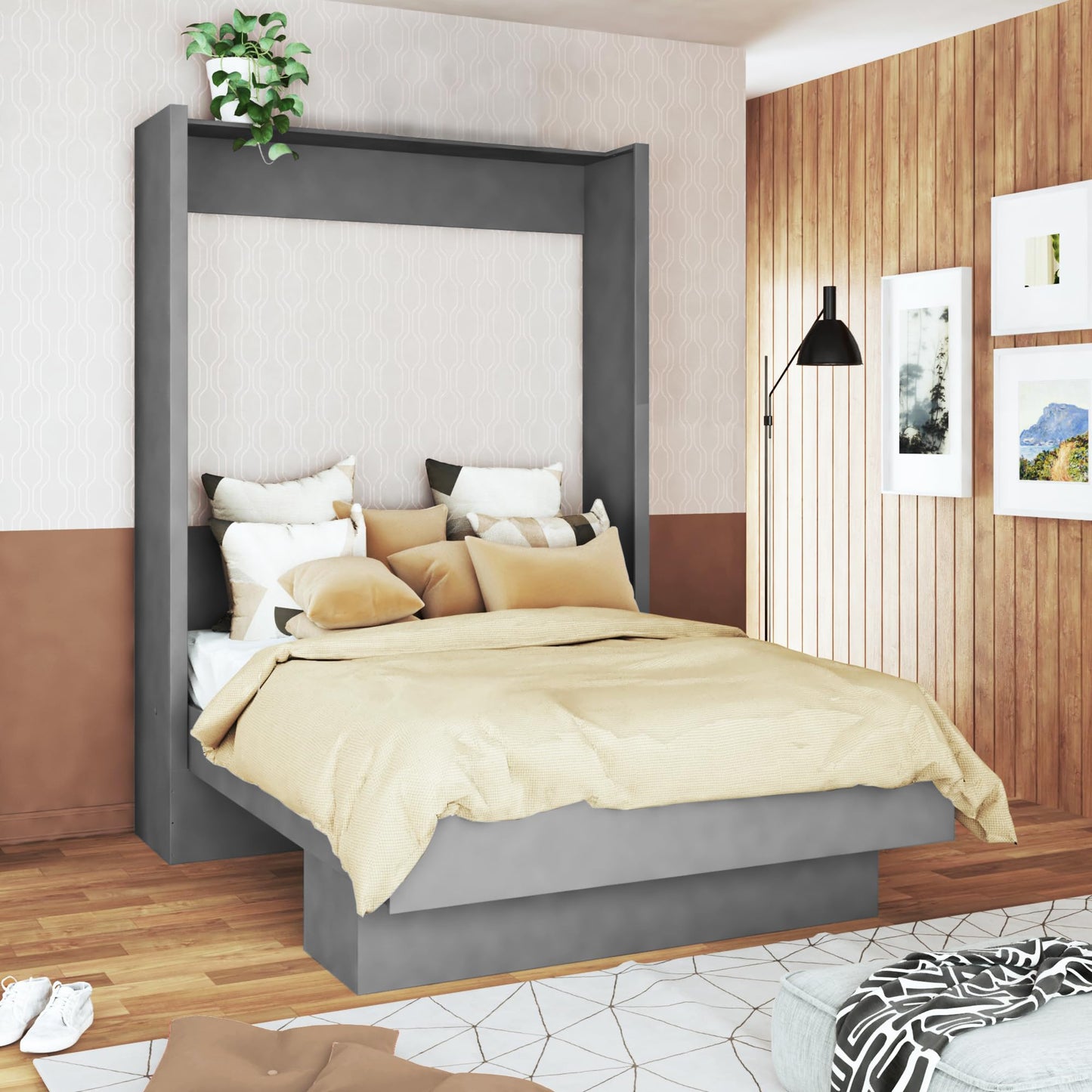 Oakland Living Easy-Lift Queen Murphy Wall Bed in Grey with Shelf