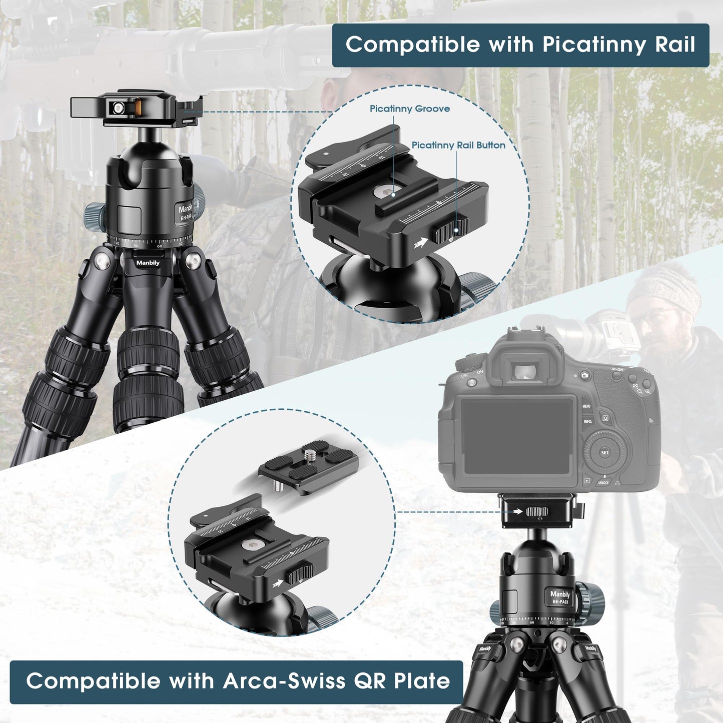 Manbily Carbon Fiber Hunting Tripod with 44mm Ball Head and Arca Swiss & Picatinny Adapters, 63" Heavy Duty Stable Inverted Tripod for Hunting, Shooting, and Outdoors (WZ-2836)