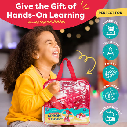 Baketivity Kids Chef Hat and Apron Set for Boys & Girls - One Size Fits All (Adjustable) - Premium, Washable Apron and Hat Set for Cooking - Young Chefs & Junior Bakers Chef Outfit for Kids