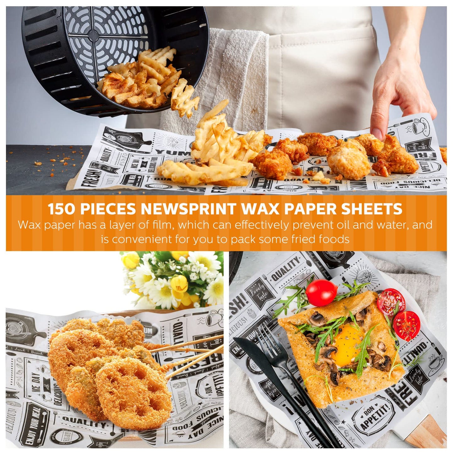 Chinco 150 Pieces Newsprint Wax Paper Sheets Newspaper Theme Food Wrap Paper Grease Resistant Tray Liners Waterproof Wrapping Tissue Food Picnic for Kitchen Baking Parchment