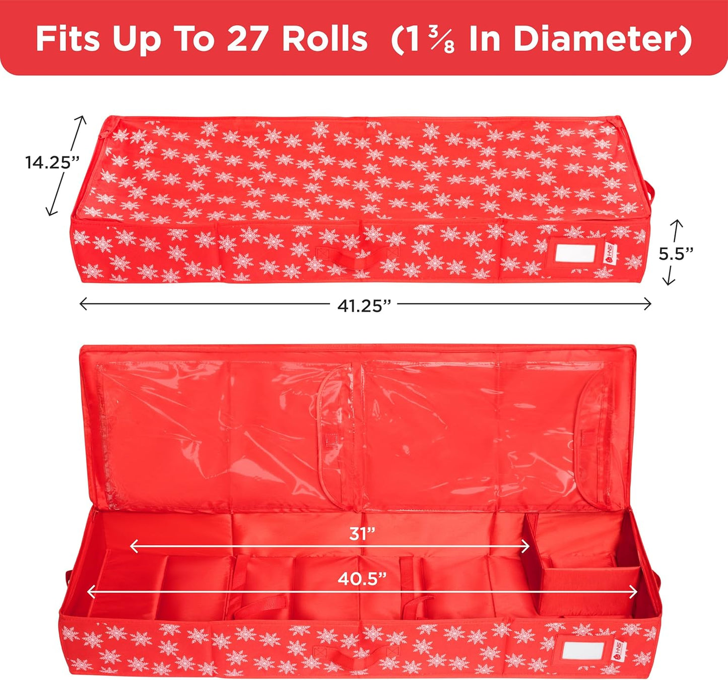 Wrapping Paper Storage Container, Fits 27 Rolls, Underbed Organizer for Gift Wrap, Ribbon, and Bows