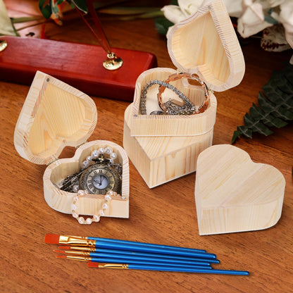 Acshio 12 Pack Unfinished Wood Heart Box, Unpainted DIY Treasure Chest with 10 Pcs Paint Brushes, Wooden Heart Shaped Storage Box Jewelry Box with Lid for Art Craft Painting Making Christmas