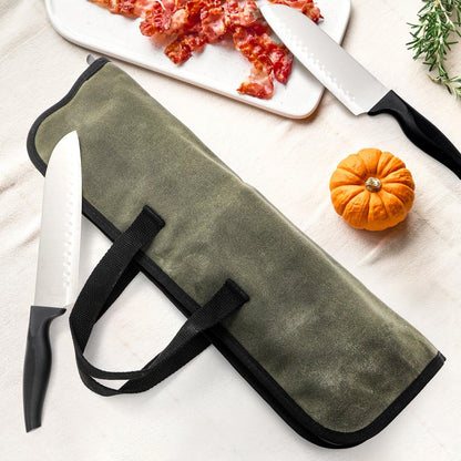 Tosnail Chef Knife Roll Bag with 4 Slots, Heavy Duty Waxed Canvas Knife Bag with Handle, Kitchen Knife Storage, Portable Knife Carrying Case