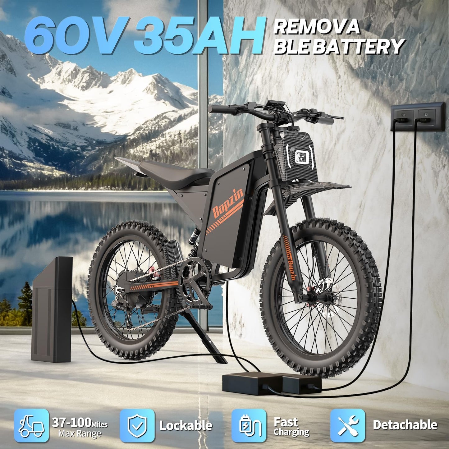 Bopzin Electric Dirt Bike for Adults, 3000W Motor Max 45MPH, 60V 35Ah Removable Battery Up to 100 Miles, 25" Fat Tire Electric Motorcycle with Hydraulic Brakes & Full Suspension, UL2849 Certified