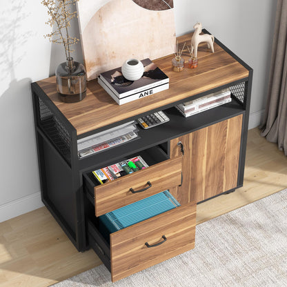 Tribesigns 63" Executive with Drawer Cabinet, L Shaped Desk and Lock lateral File Cabinet, 2 Piece Home Office Furniture Set with Drawers for Hanging File, (Brown, 63 inches)