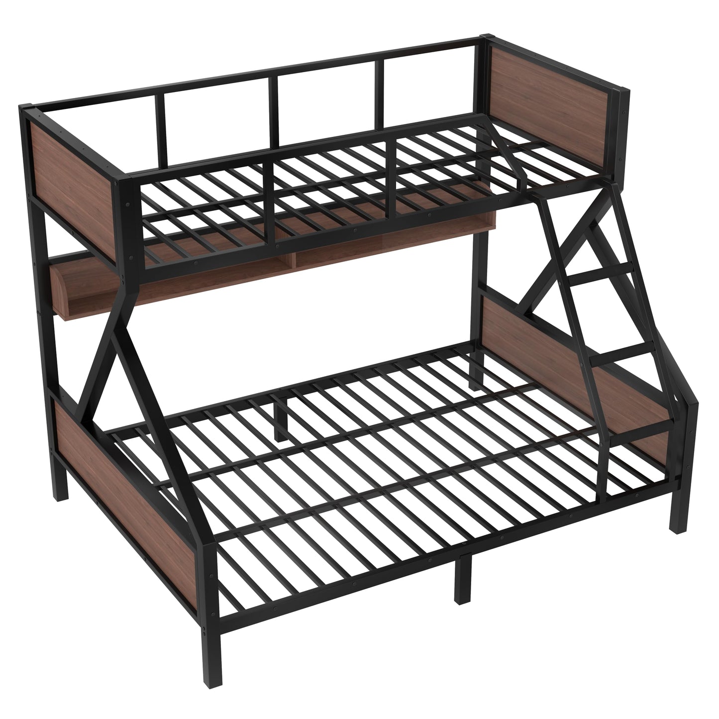 Bellemave Twin XL Over Queen Size Bunk Bed with Storage Shelves and LED Lights,Heavy Duty Adult Bunk Beds with Angled Ladder,Metal Queen Bunk Bed,Black