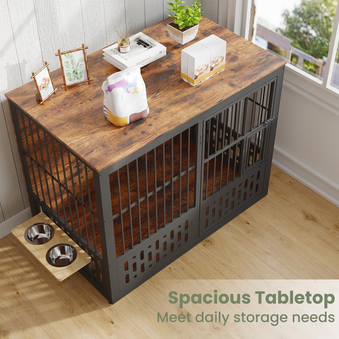 Yafylly 48 Inch XXL Dog Crate Furniture, Wooden Chewproof Dog Kennel with Interactive Window, 360° Adjustable Bowls (5 Heights), Storage Table Top, Heavy Duty XL Dog Crate for Medium Large Dogs, Brown