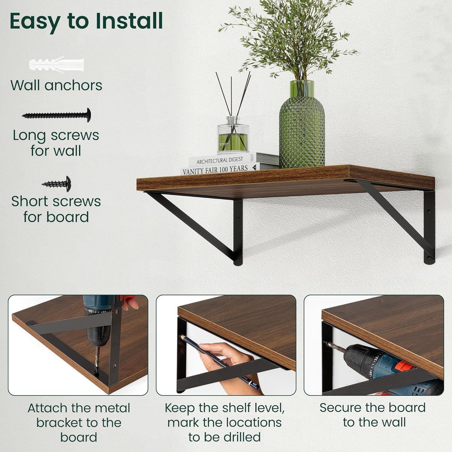 12 Inch 16W 12D Set 2, Floating Shelves, Deep Rustic Wood Wall Storage, x Wall Shelves of Heavy Duty Metal Brackets