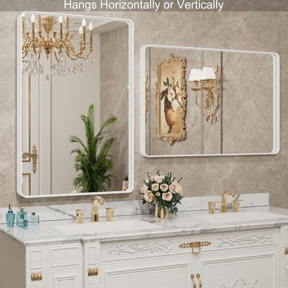 LOAAO Bathroom Mirror - 48x32 Inch White Metal Framed Vanity Mirror | Large Rounded Rectangle, Anti-Rust Tempered Glass, Versatile Hanging Options