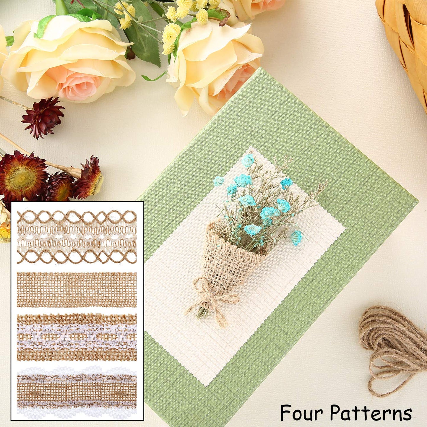 WILLBOND 4 Rolls Burlap Ribbon Lace Roll Crafts Ribbon with 32 Feet Twine Rope for Wedding Rustic Decoration DIY Handmade Crafts, 5.5 Yards for Each