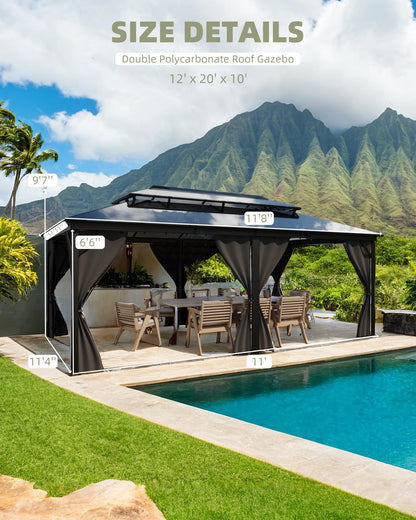 12'x20' Hardtop Gazebo, Permanent Outdoor Pavilion Gazebo with Double Polycarbonate Roof, UV Protection, Aluminum Alloy Frame, Netting & Curtains Included for Patio/Backyard/Lawn/Garden, Gray