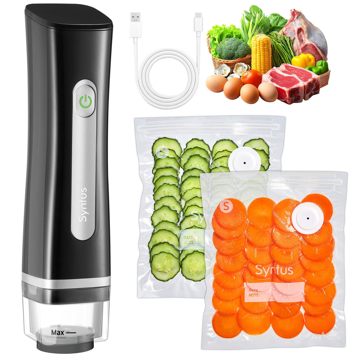 Syntus Vacuum Sealer Bags for Food, Food Storage Bags for Sous Vide Cooking Microwave Heating, Air Valve Zipper Bags & Zip Clips, 30 Bags (S+M+L) + 1 Black Vacuum Sealer