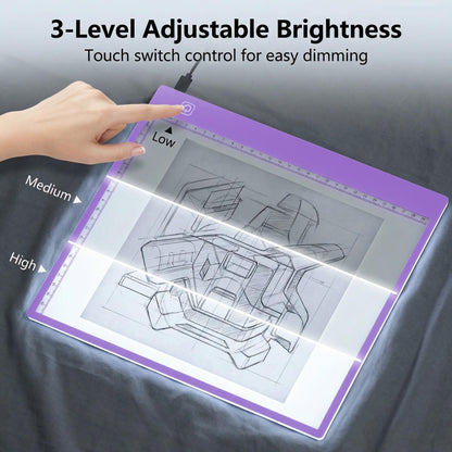 A4 Ultra-Thin LED Light Pad with Scale - 5000 Lux Stepless Dimmer Light Box for Diamond Painting, Tracing & Sketching - USB Powered Portable Light Table for Artists, Tattoos & Animation - Purple