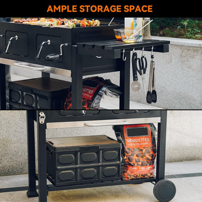 ONLYFIRE GRILLS Large BBQ Charcoal Grill with Cart & 2 Liftable Charcoal Trays, 794 SQ.IN Cooking Area, Heavy Duty Outdoor Barbecue Grill with Foldable Side Tables, Wheels & Cover, GS339