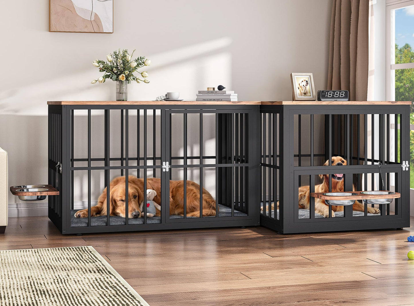 88.6" Large Dog Crate Furniture, Wooden Dog Kennel with Bowls & 3 Doors, Double Crate Furniture TV Stand for Medium Large Dogs, Brown