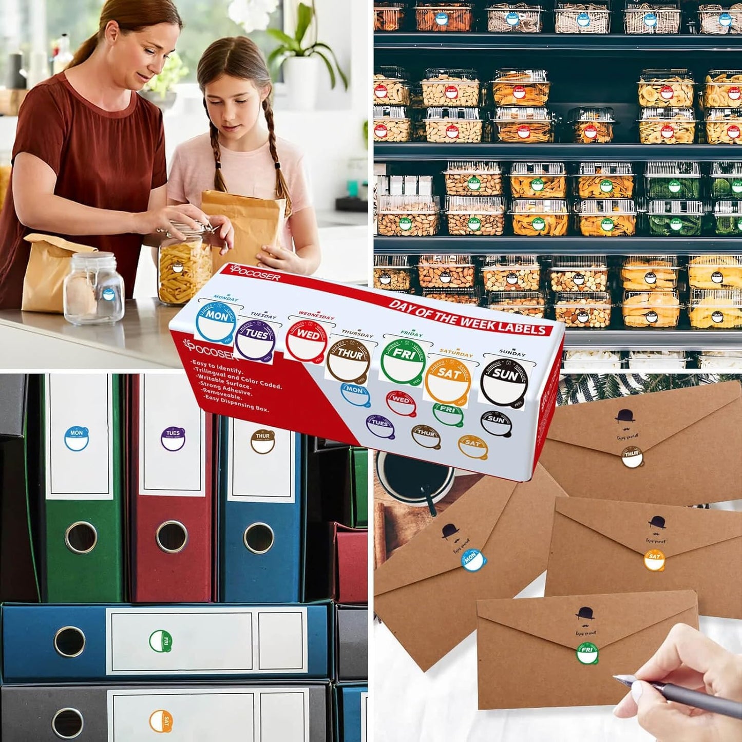 POCOSER Label Stickers for Food Containers with Dispenser Box, Removable Day Dot Food Labels Peel Tab 7 Day of The Week for Home Freezer Restaurant Supplies Week Monthly Planners Meal Prep Accessory