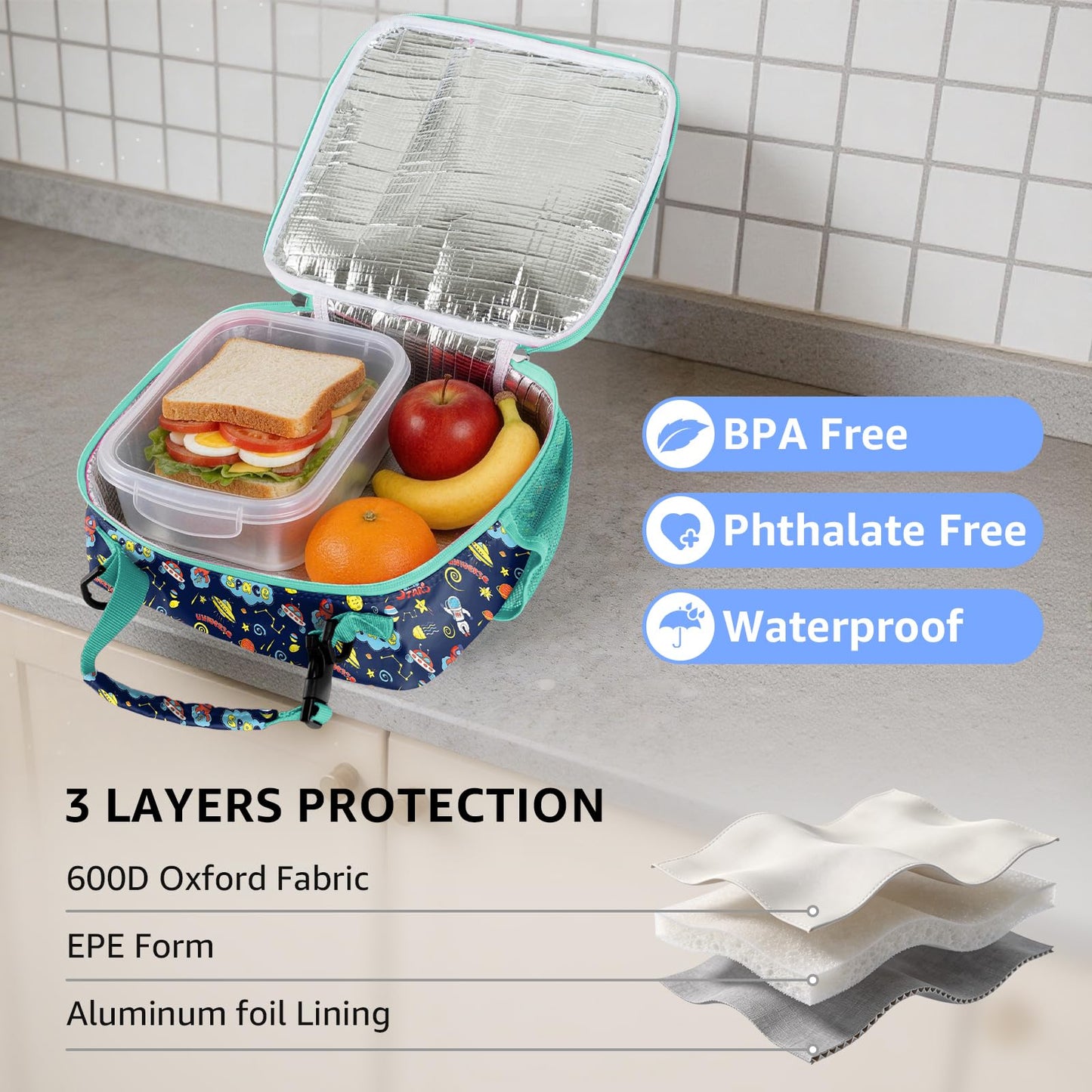 ZAZIWZ Lunch Bag for Kids Insulated Lunch Boxe for Girls Boys Reusable Cooler Tote Small Lunchbag Back to School Cute Lunchbox for Teens 02 (Space)