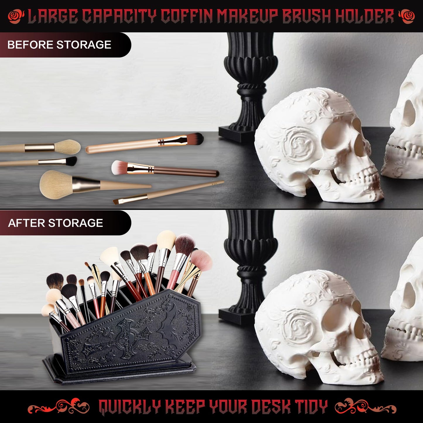 Gothic Coffin Decor Makeup Brush Holder,Spooky Witchy Gifts for Women,Bat Cosmetic Display Cases,Cross Goth Decor Pen Holder, Vanity, Desk, Office Organizer for Christmas Bedroom Bathroom,Black