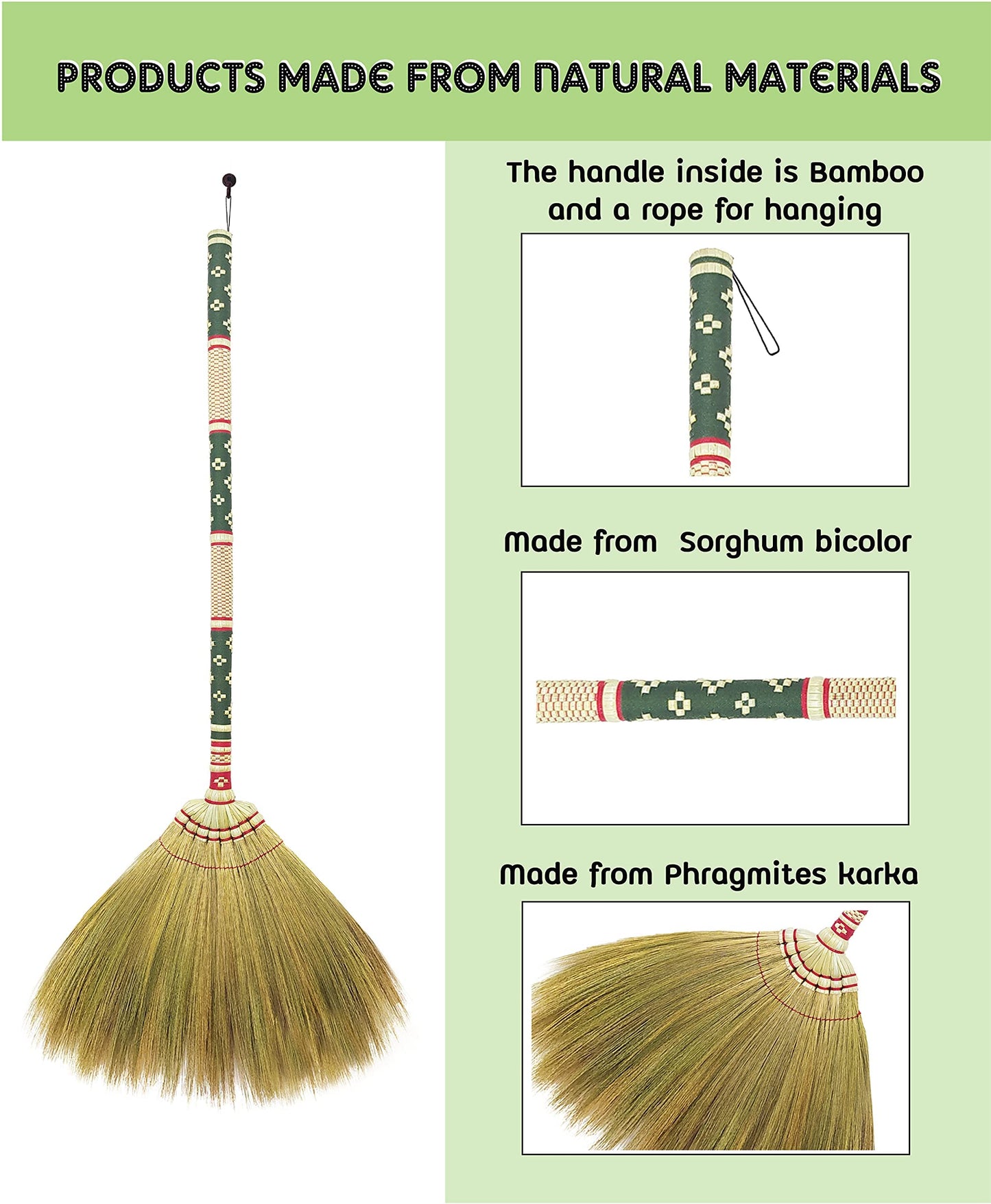 Thai Vintage Retro Grass Broom Stick, Asian Straw for Wedding Jumping, Witch, House, Long With Solid Wood Handle - Primitive Sweeping Dirt Dust Garbage
