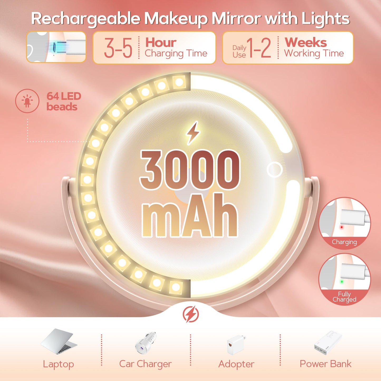 B Beauty Planet Makeup Mirror with Lights, Lighted Magnifying Mirror 30X with 3 Lighting and Adjustable Brightness, 2-Sided Height Adjustable Vanity Mirror for Bathroom, Gifts for Women White