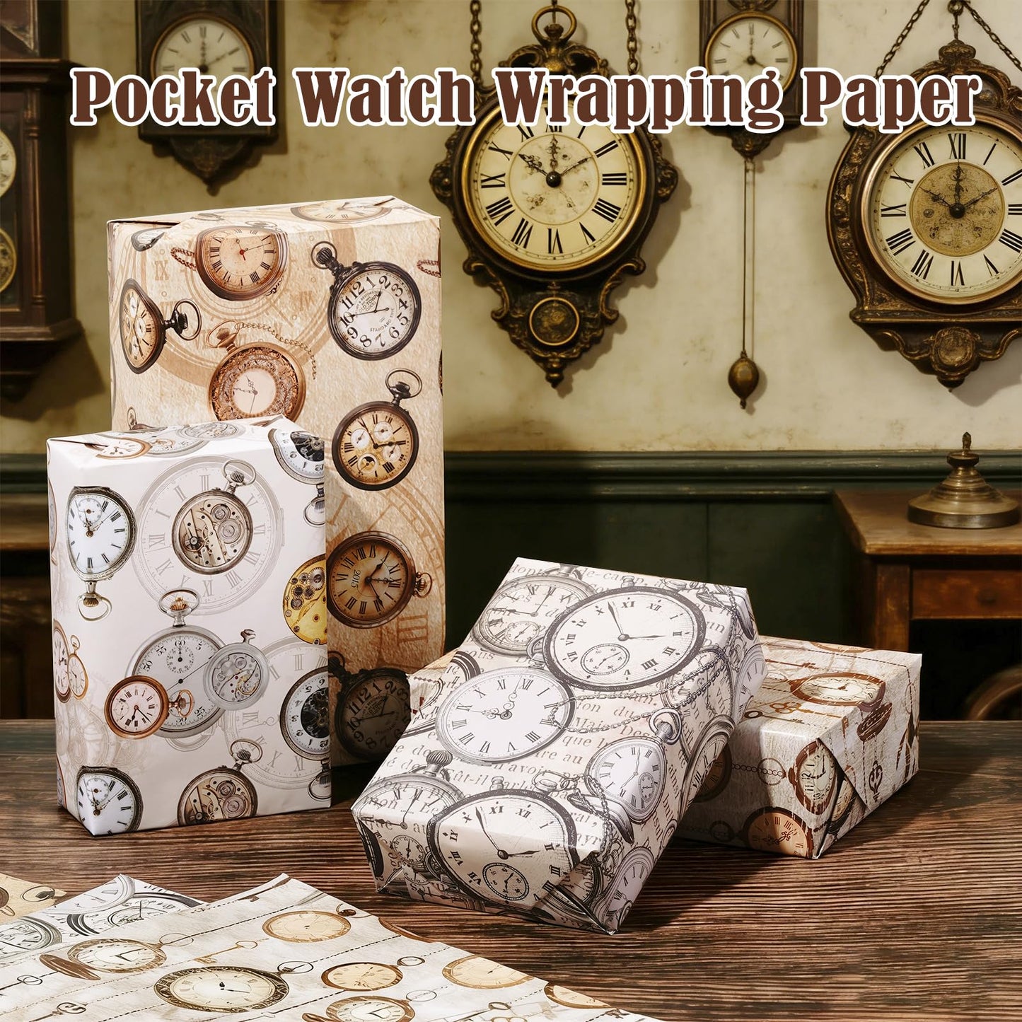 Steampunk Clock Wrapping Paper for Men Dad, 12 Sheets Antique Pocket Watch Wrapping Paper, Watch Gear Gift Wrap for Father's Day Watch Lovers Birthday Anniversary DIY Crafts, 19.7 x 27.6 Inch