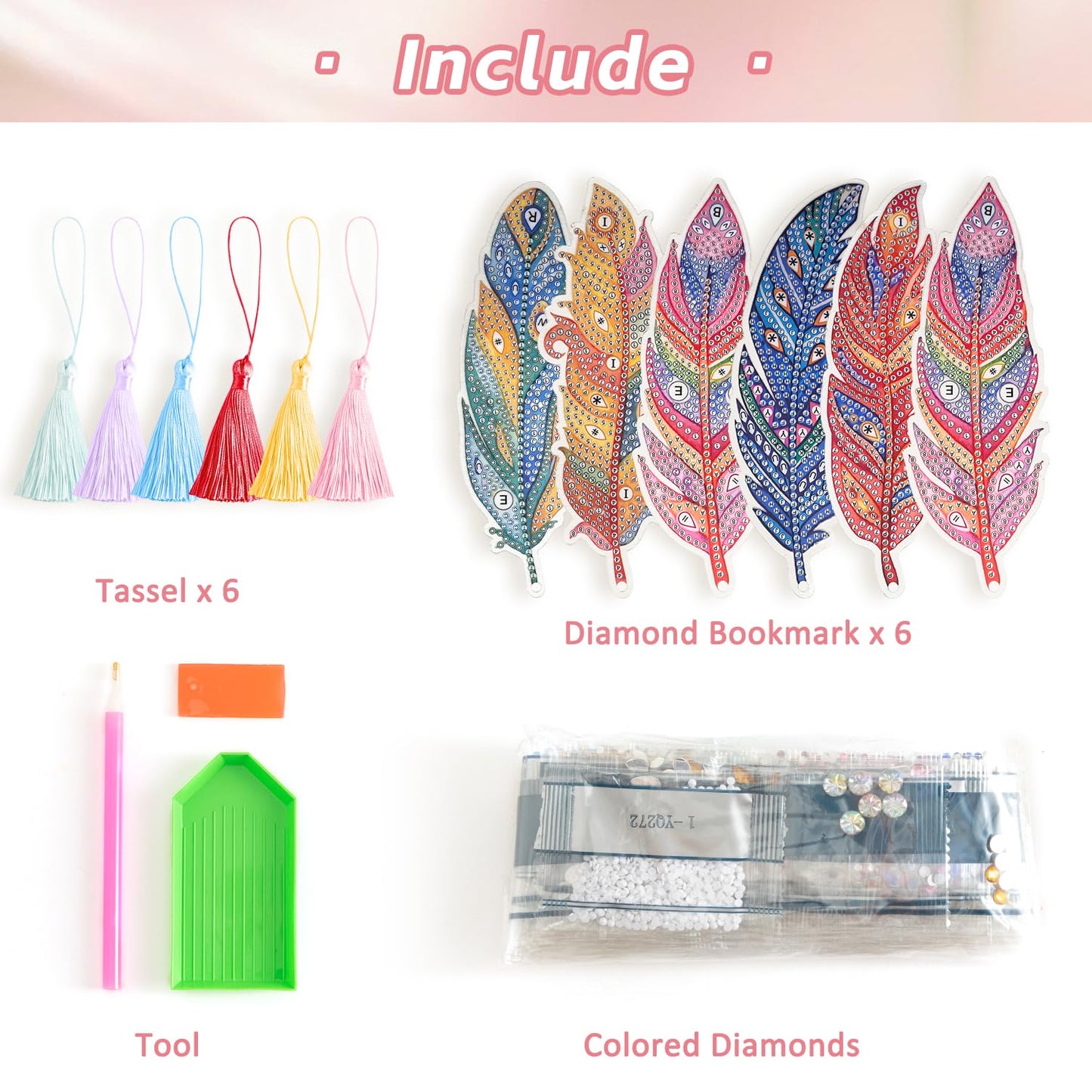 6 Pcs 5D Diamond Painting Art Kit, DIY Acrylic Crystal Diamond Bookmarks with Tassel, Flower & Feather Designs, Handmade Crafts BookMark Gift for Book Lovers, Women & Teenage, Creative Decor