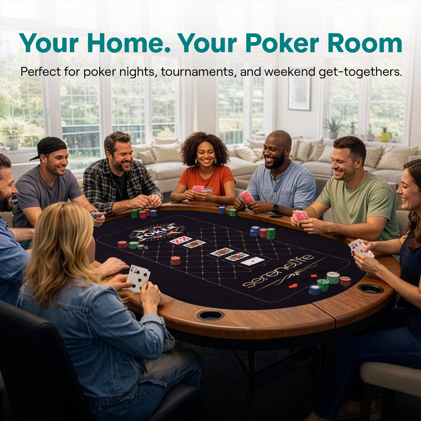 SereneLife 7ft Poker Table for 10 Players - Heavy Duty Oval Texas Hold'em Casino Table for Game Room, 25mm Reinforced Metal Legs, Durable Black PVC Rail, 10 Deep Cup Holders & Professional Layout