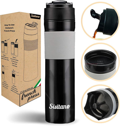 2in1 Travel French Press Coffee Maker, Portable 11.8 oz Tumbler for Ground Coffee & Tea Leaves, Iced Coffee Mug