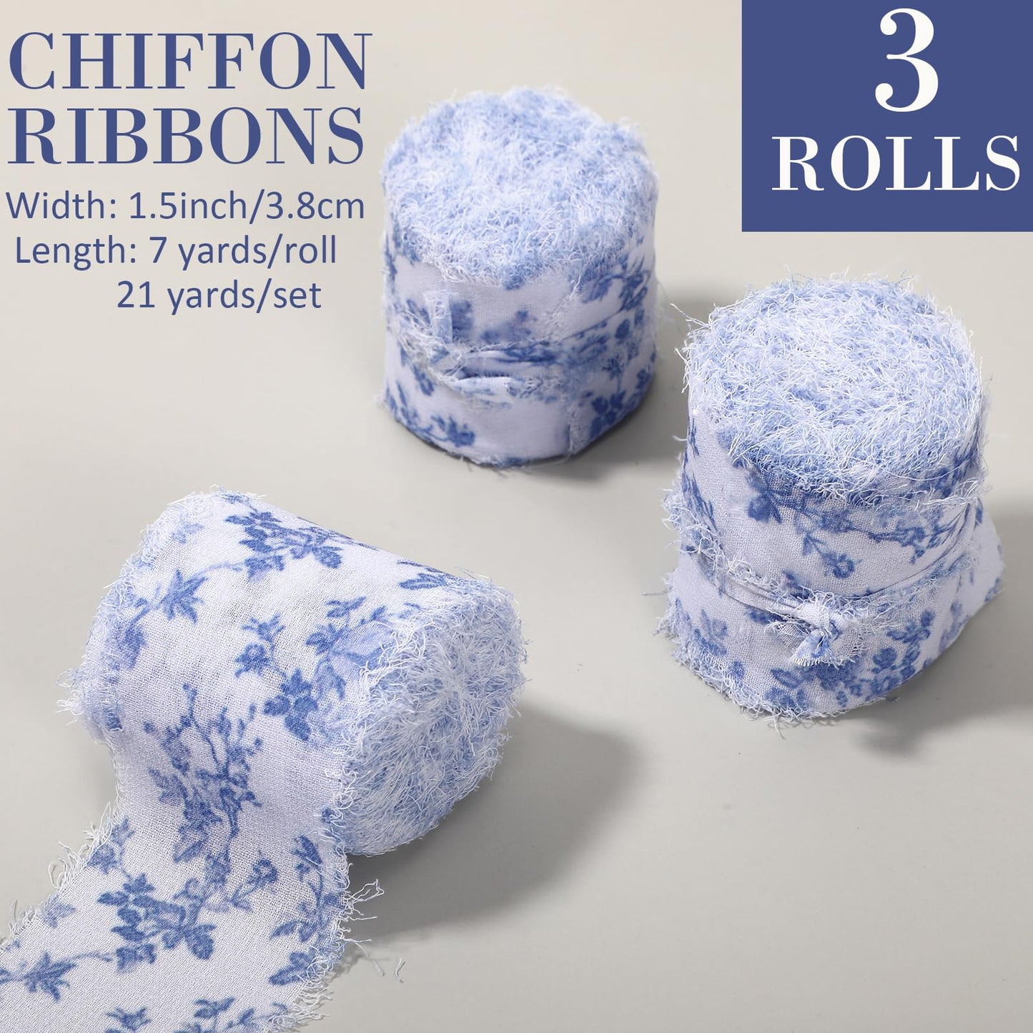 Gilprop Spring Chiffon Ribbon 1.5 Inch x 21 Yards Blue Floral Wired Ribbons Frayed Edges Ribbons for Wrapping Gift Crafts Wreath Bow Making Wedding Party Decoration