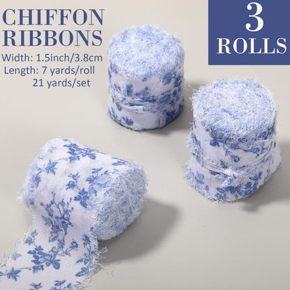 Gilprop Spring Chiffon Ribbon 1.5 Inch x 21 Yards Blue Floral Wired Ribbons Frayed Edges Ribbons for Wrapping Gift Crafts Wreath Bow Making Wedding Party Decoration