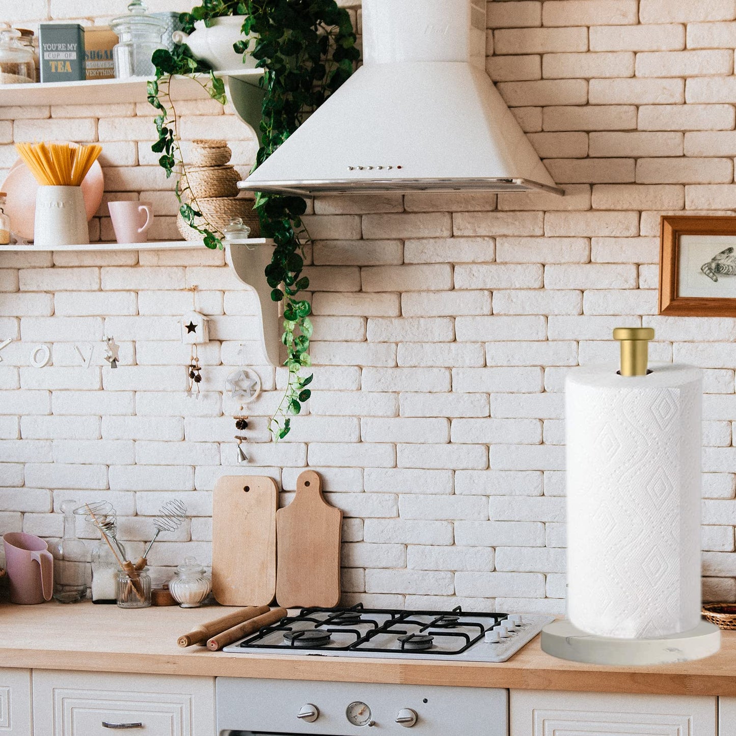 Paper Towel Holder Countertop, Standing Paper Towel Roll Holder for Kitchen Bathroom, with Weighted Marble Base for One-Handed Operation (Gold), Gold Paper Towel Holder, Marble