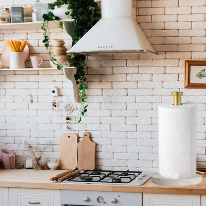 Paper Towel Holder Countertop, Standing Paper Towel Roll Holder for Kitchen Bathroom, with Weighted Marble Base for One-Handed Operation (Gold), Gold Paper Towel Holder, Marble