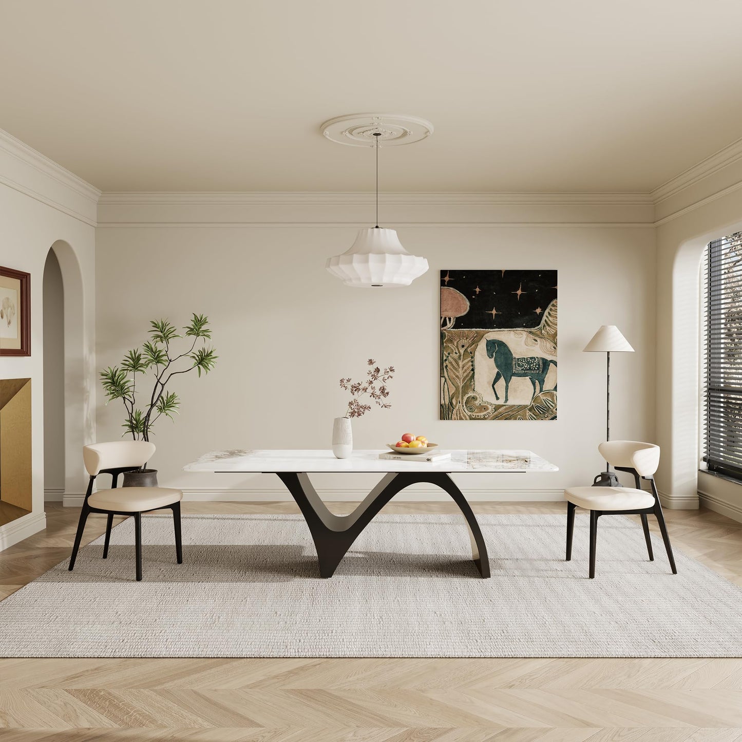 86" Modern Rectangular Dining Table for 8-10, Glossy Kitchen Table with Glossy White Glossy Sintered Stone Tabletop, and Black Stainless Steel Base (Table Only)