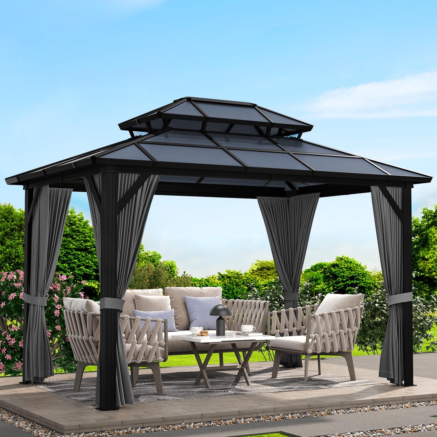 Hardtop Gazebo 10'x12' Double-Layer Polycarbonate Double Roof, Aluminum Frame Pavilion with Privacy Curtains and Netting All-Season for Patio, Garden, Hot Tub & Backyard