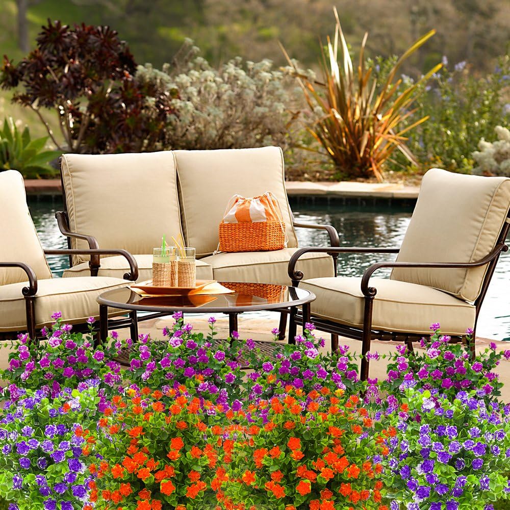 Artificial Flowers Faux Plastic Greenery Shrubs, UV Resistant Outdoor Plants for Home Kitchen Office Wedding Decor