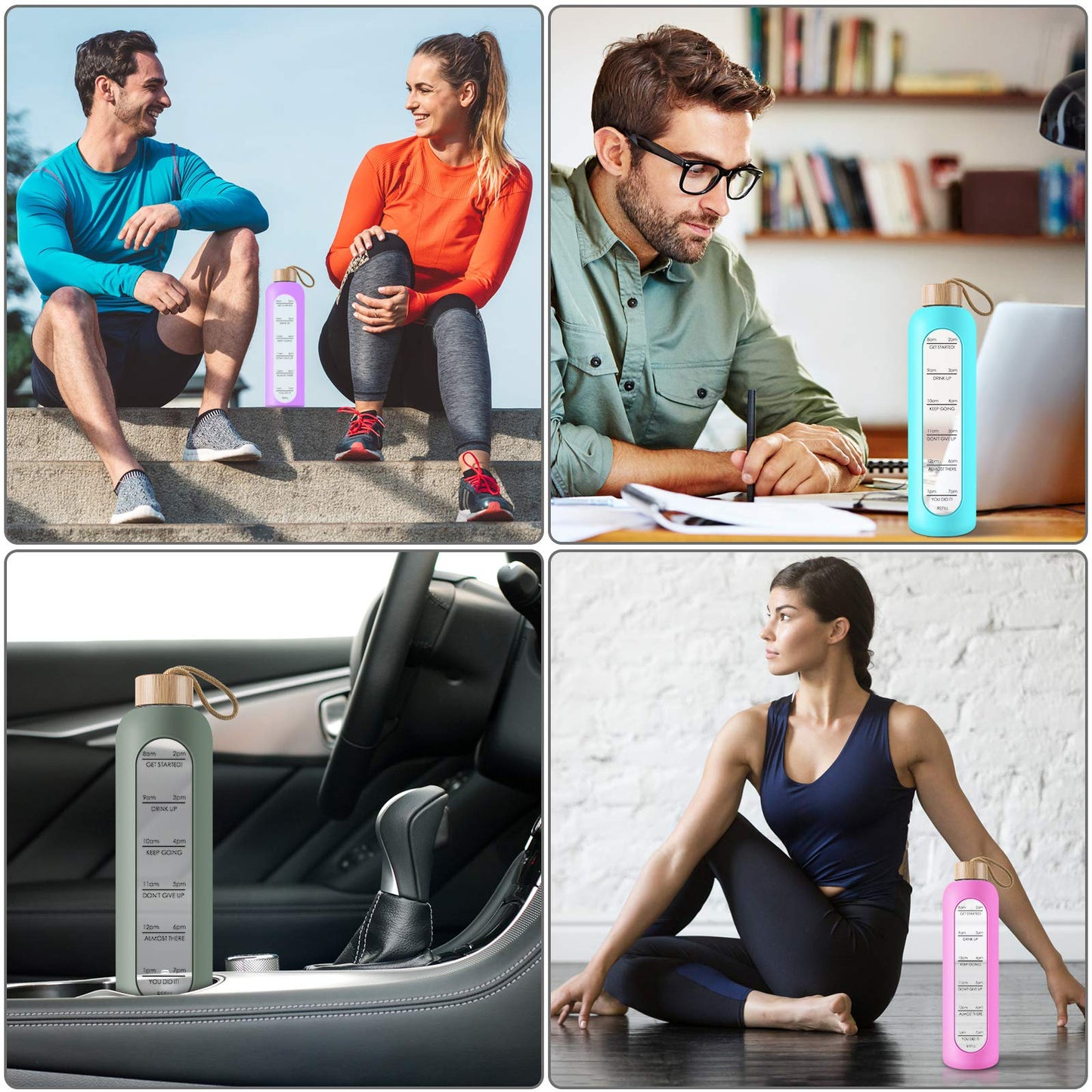 PROBTTL 32 Oz Borosilicate Glass Water Bottle with Time Marker Reminder Quotes, 1 Liter Leak Proof Reusable BPA Free Motivational Water Bottles with Silicone Sleeve and Bamboo Lid (Olive)