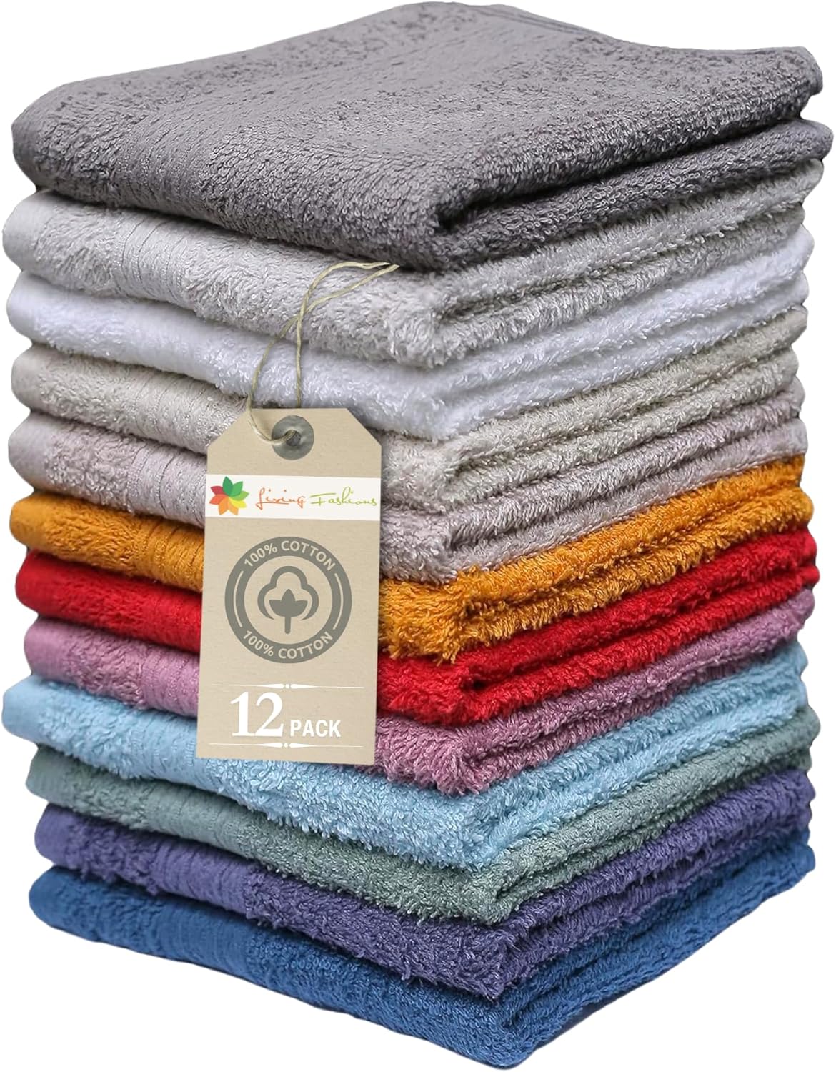12 Pack, 100% 13" 13", Living Fashions Washcloths, Extra Soft Ring Spun Cotton Wash Cloth, Size X Soft and Absorbent