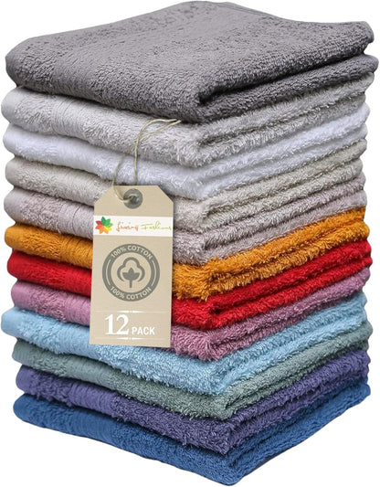 12 Pack, 100% 13" 13", Living Fashions Washcloths, Extra Soft Ring Spun Cotton Wash Cloth, Size X Soft and Absorbent