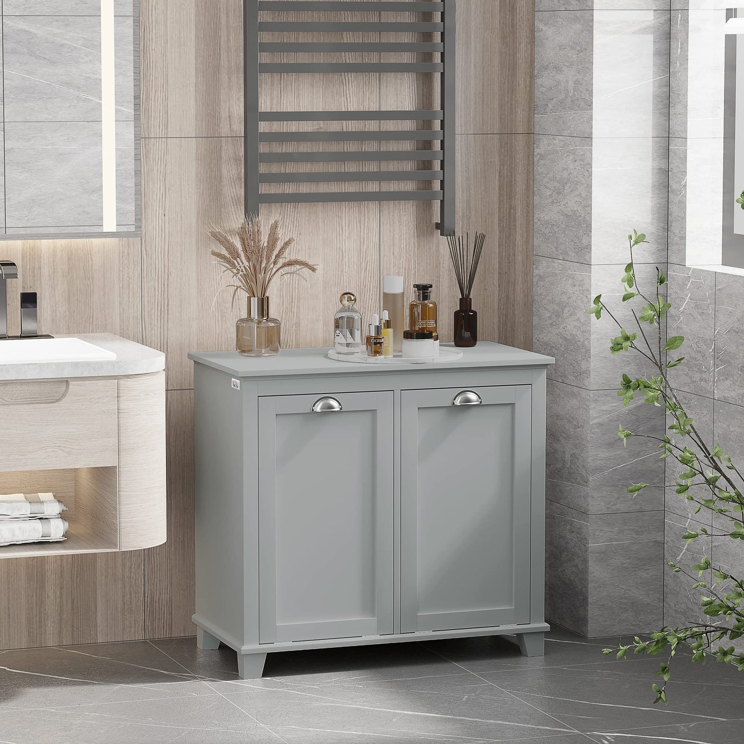Tilt-Out Laundry Sorter Cabinet, Gray - Bathroom Floor Cabinet, Two-Compartment Hamper Organizer
